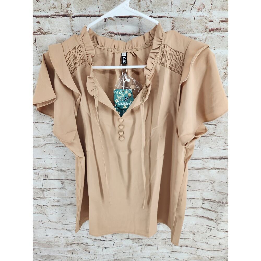 CiCi Dress Top Size Large Boho Style V-Neck Tie Top Sand Color NEW
